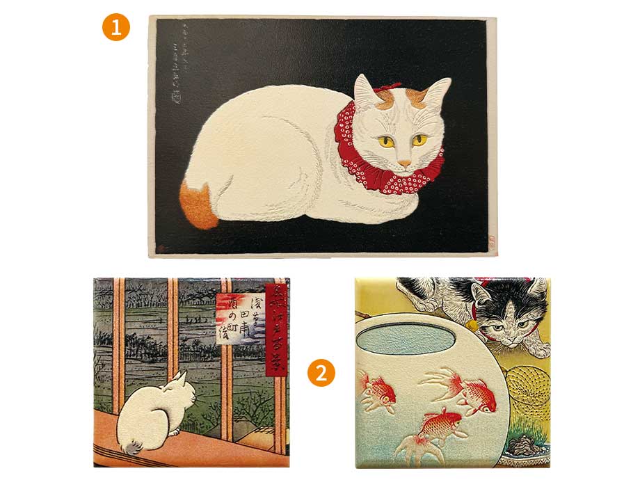 ① ウッドポストカード ② アートマグネット