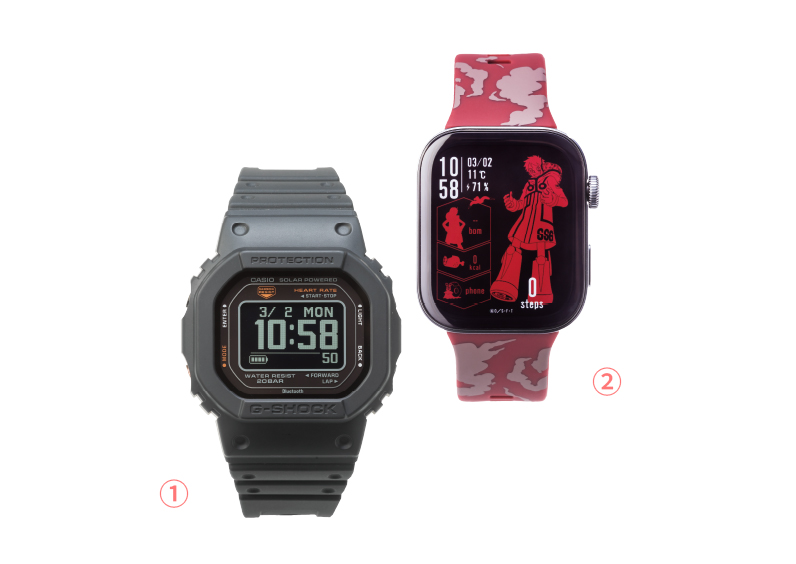 ①G-SHOCK(DW-H5600-1JR)②HUAWEI WATCH(HUC-OP-FT3-L/ONE PIECE 루피 모델)