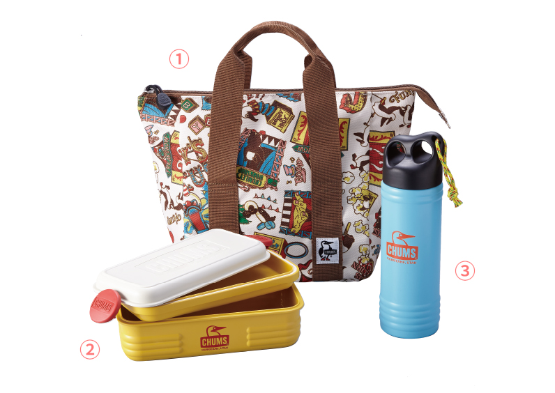 ①재활용 도시락 토트 백(약 4L) ②후드 컨테이너 M(약 1,100mL) ③캠퍼 웨이브 병 500mL