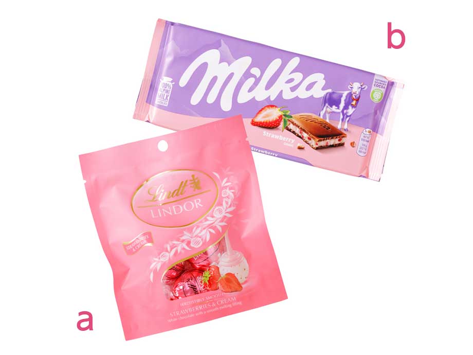 a.リンツ/リンドール ストロベリー＆クリーム／b.ミルカ チョコレート/ストロベリー