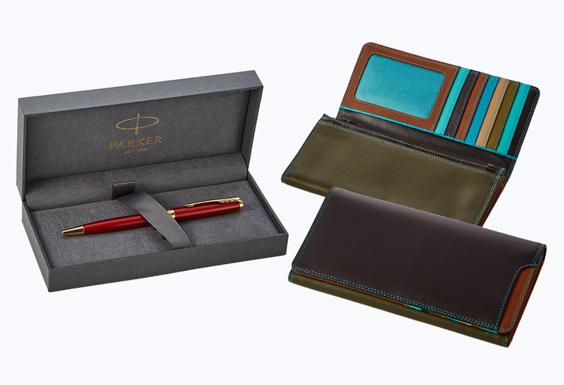 ①PARKER ソネット レッドGT ボールペン ②mywalit Plus-1 Medium Matinee Purse Wallet