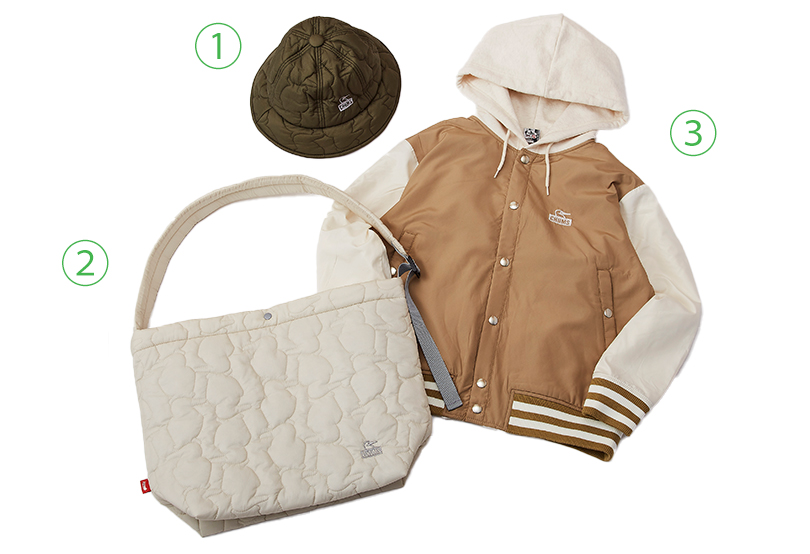 ①Booby Stitch Padded Metro Hat ②Booby Stitch Shoulder Bag ③Stadium Hoodie