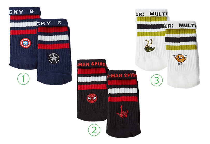 刺しゅうソックス①キャプテンアメリカバッキー②スパイダーマン フェイス＆ハンド③ロキ アリゲーター・ロキ＆ミス・ミニッツ